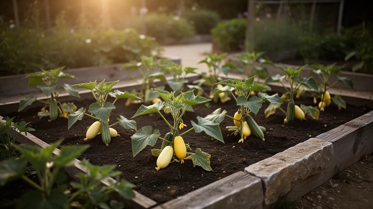 Lemon cucumber vines climbing a wooden trellis with hanging round yellow fruits