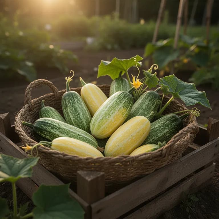 Freshly harvested lemon cucumbers in a woven garden basket