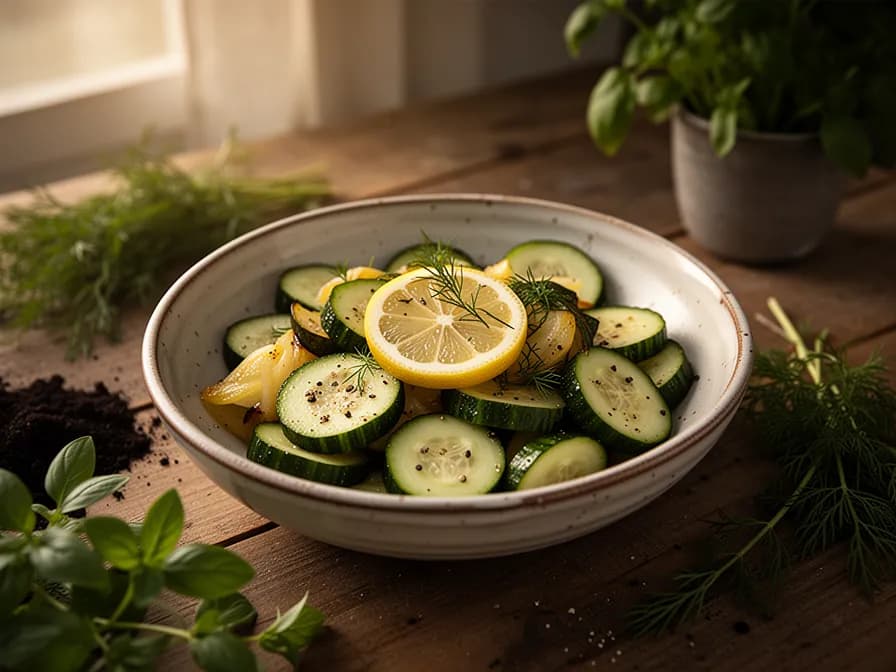 Fresh summer salad with sliced lemon cucumber rounds and herbs
