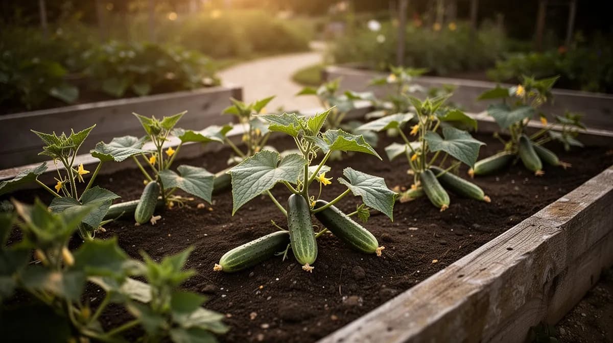 Persian cucumber plants growing on a vertical string trellis in a sunny garden bed