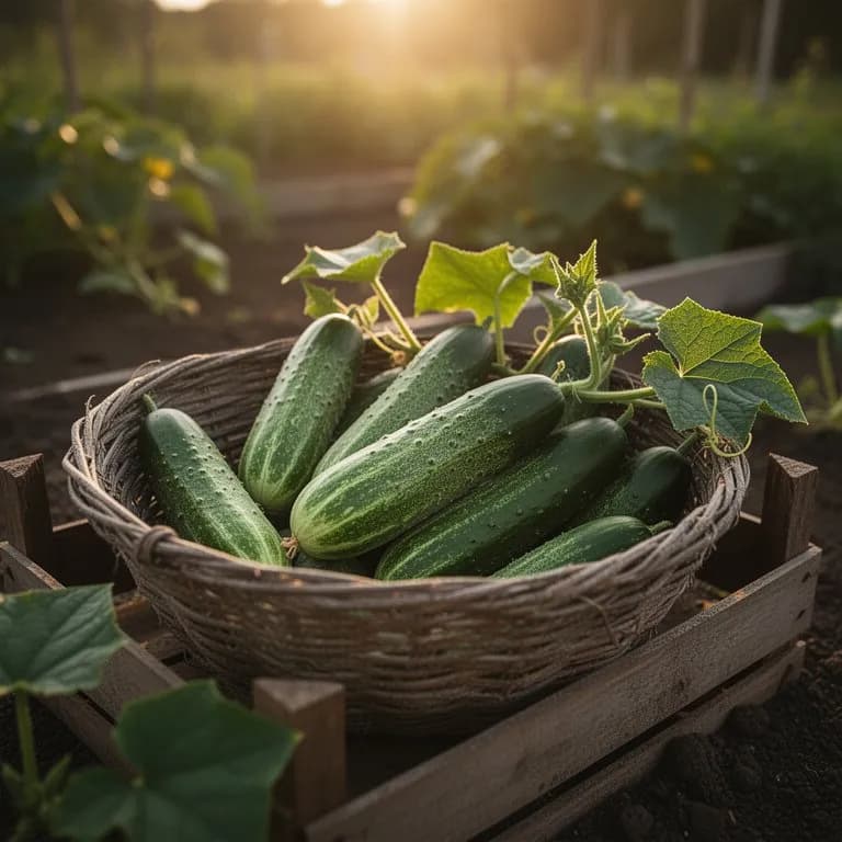 Freshly harvested Persian cucumbers in a garden basket showing smooth dark green skin
