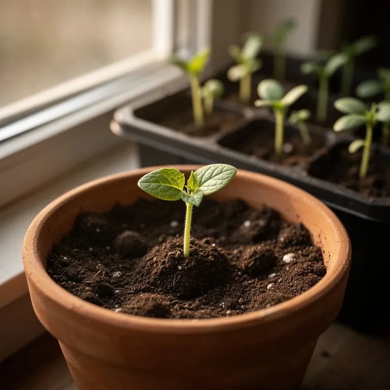 Young Persian cucumber seedling with rounded cotyledon leaves and first true leaf emerging