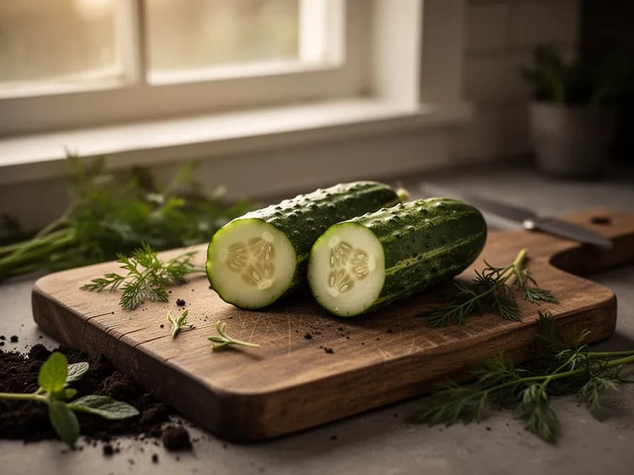 Sliced pickling cucumbers showing firm dense flesh with small seed cavity