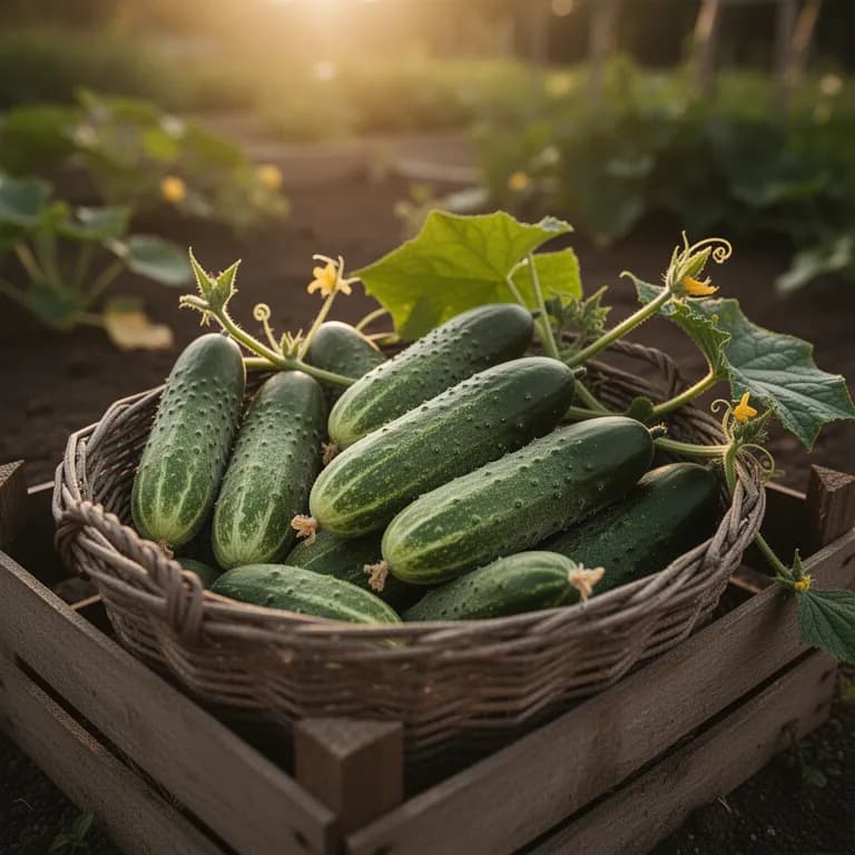 Handful of freshly picked small bumpy pickling cucumbers