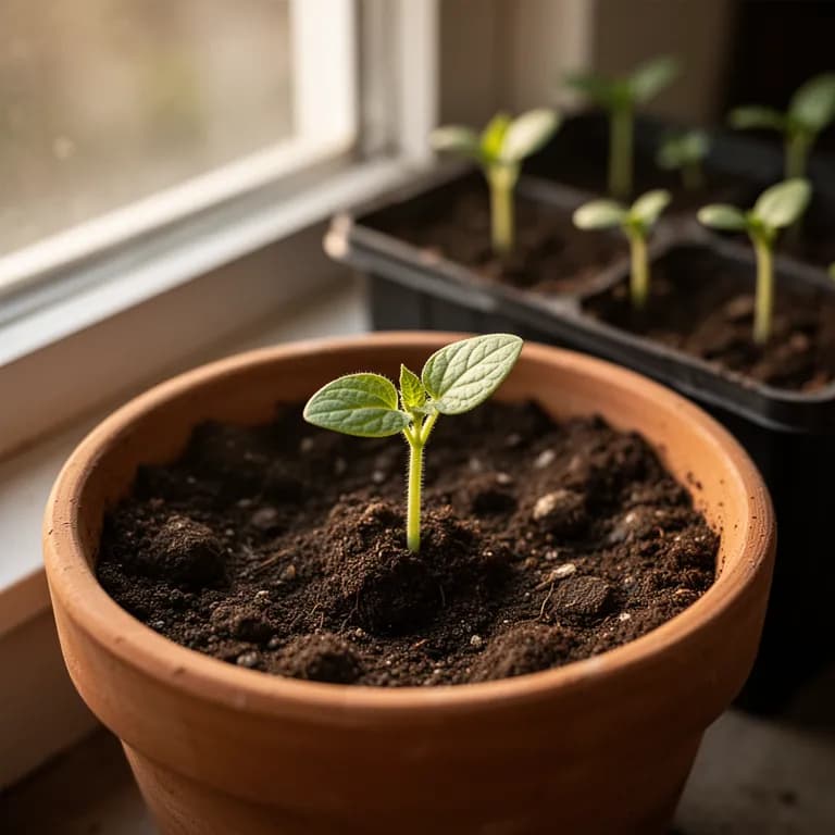 Young pickling cucumber seedling with broad cotyledon leaves and first true leaf emerging