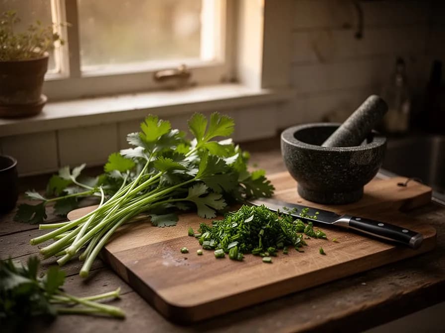 Gehackte Culantro-Blätter mit Paprika und Knoblauch in einer Holzschüssel zur Sofrito-Zubereitung gemischt
