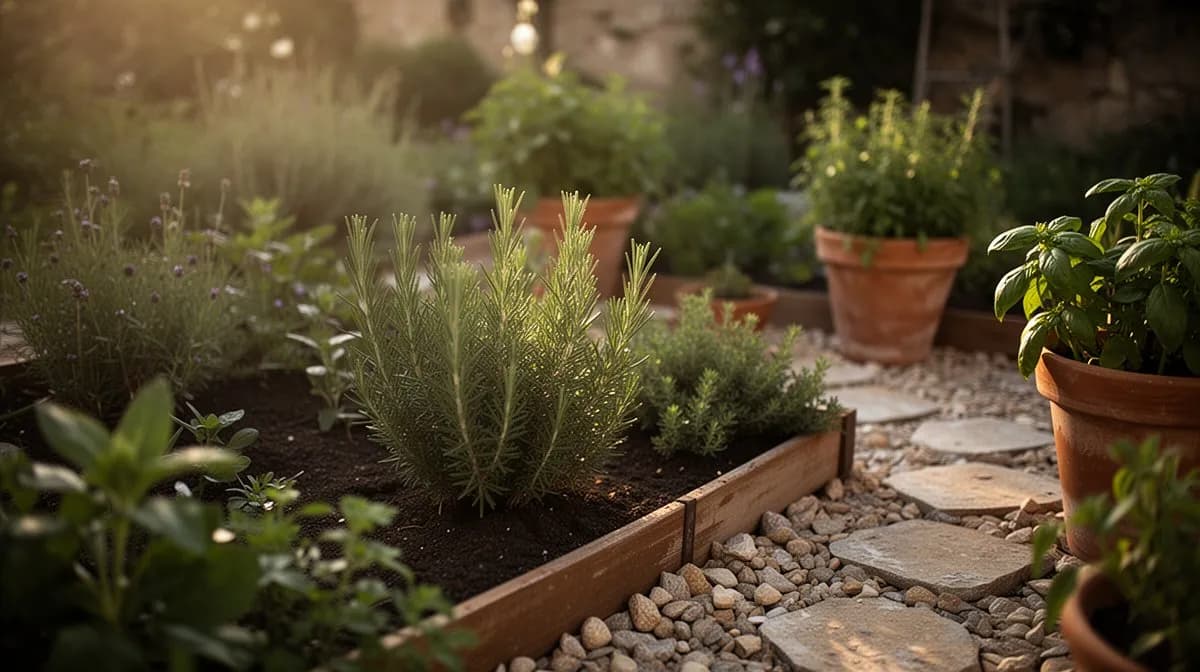 Hileras de sanas plantas de comino creciendo en una cama de jardín elevada y soleada con suelo arenoso