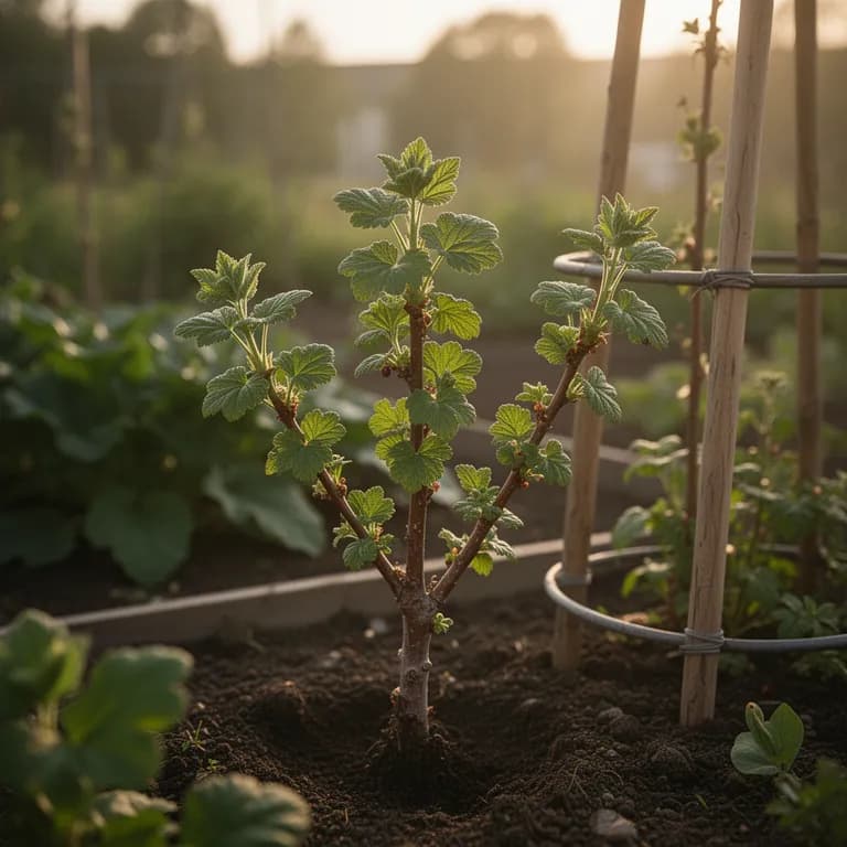 Joven planta de grosellero rojo recién establecida en un jardín