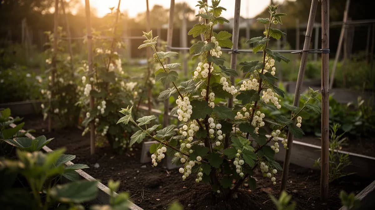 Ausgewachsener weißer Johannisbeerstrauch voller Fruchttrauben in einem sonnigen Gartenbeet