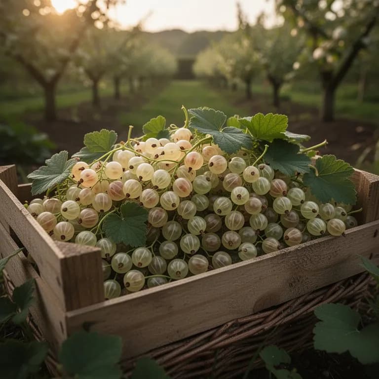 Durchscheinende blasse goldweiße Johannisbeeren in einer Traube, glänzend im Sonnenlicht
