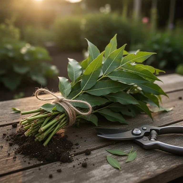 Ramitas frescas de hoja de curry siendo cosechadas a mano de una planta sana