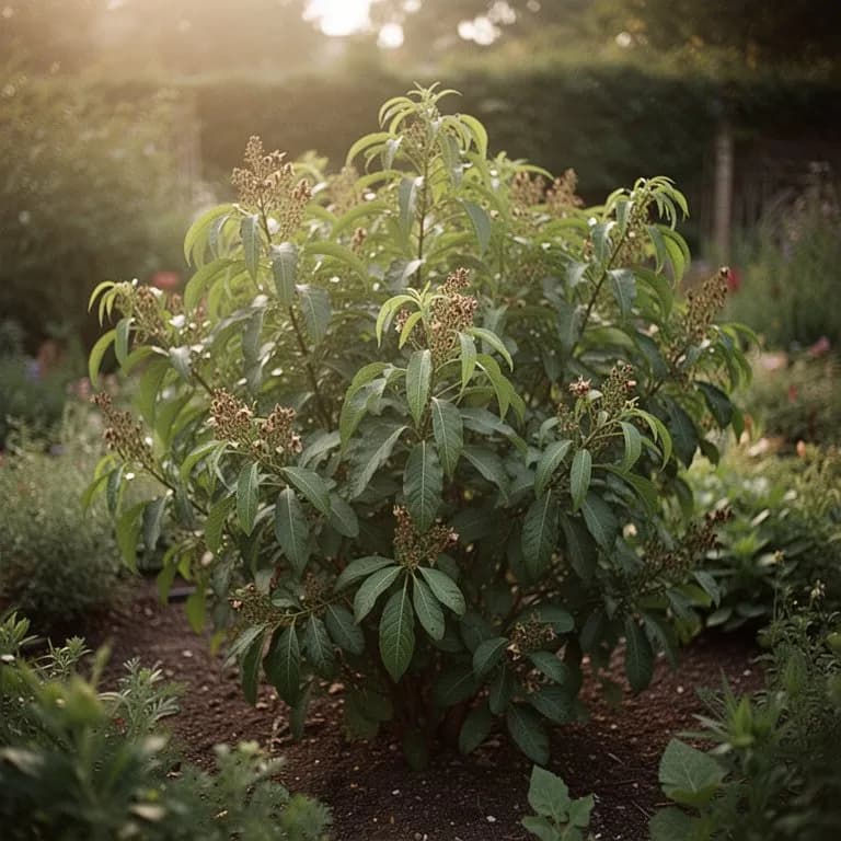 Árbol maduro de hoja de curry con frondoso follaje aromático en un jardín soleado