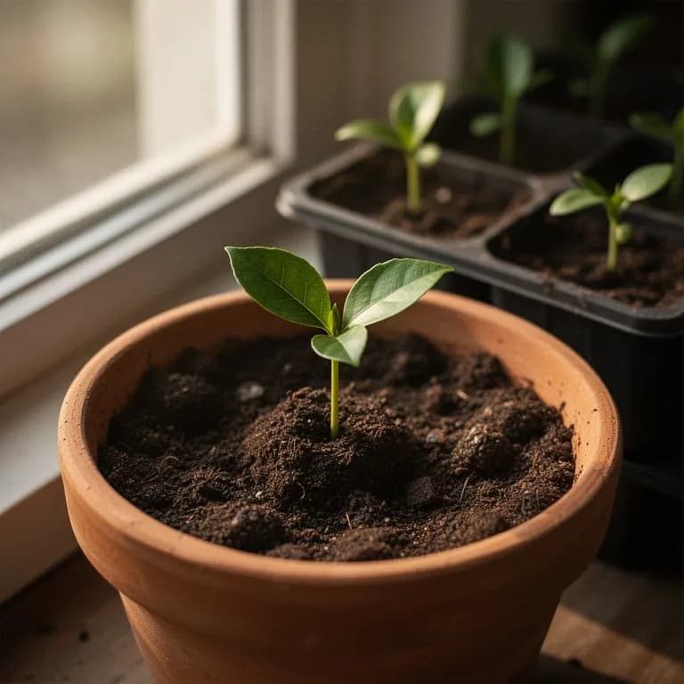 Plántula joven de hoja de curry con hojas compuestas verde oscuro y brillante emergiendo de una maceta de terracota
