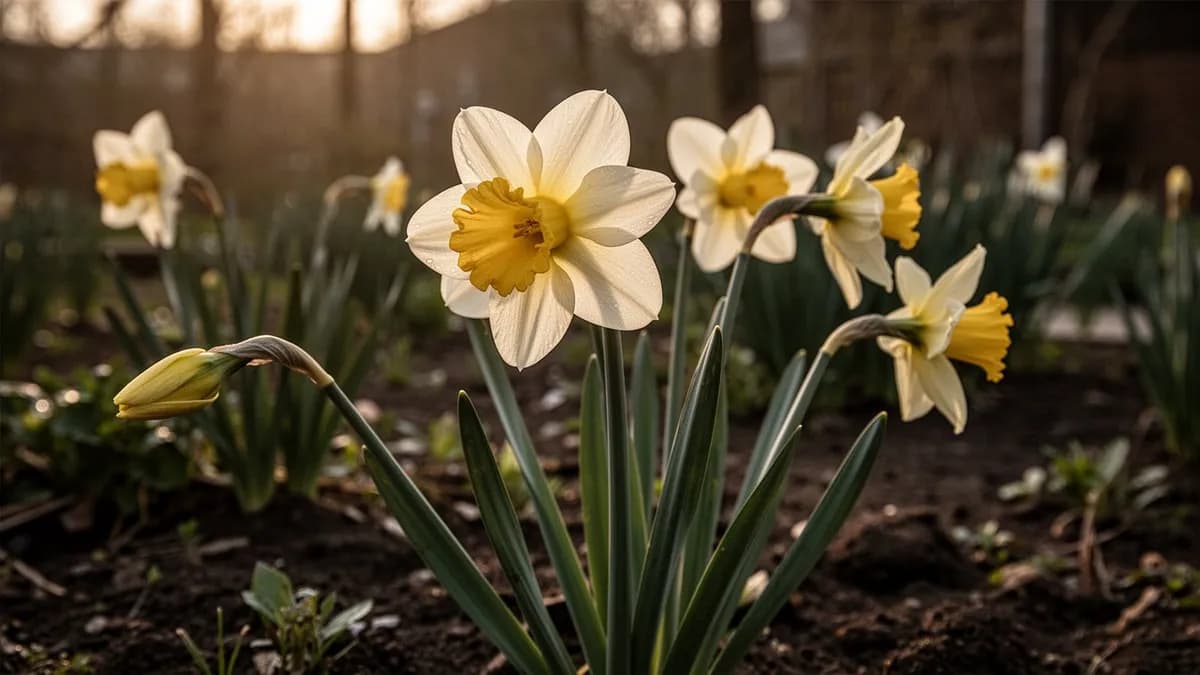 Bulbos de narciso listos para la plantación otoñal con túnicas pardas y papiráceas
