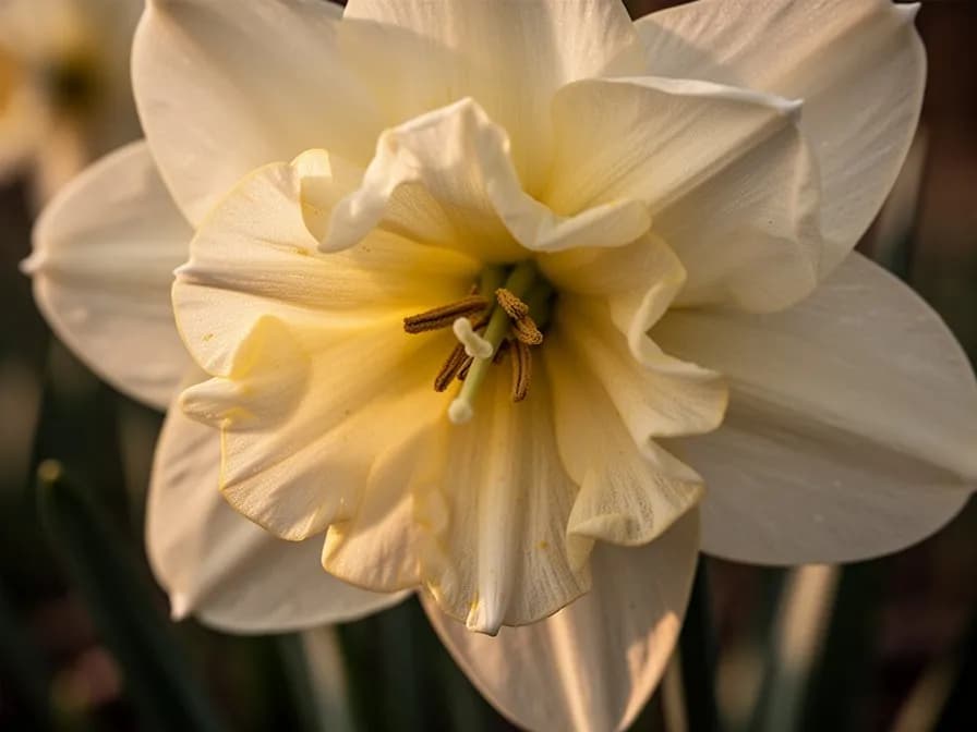 Triebe der gefüllten Narzisse, die durch den frühen Frühlingsboden brechen