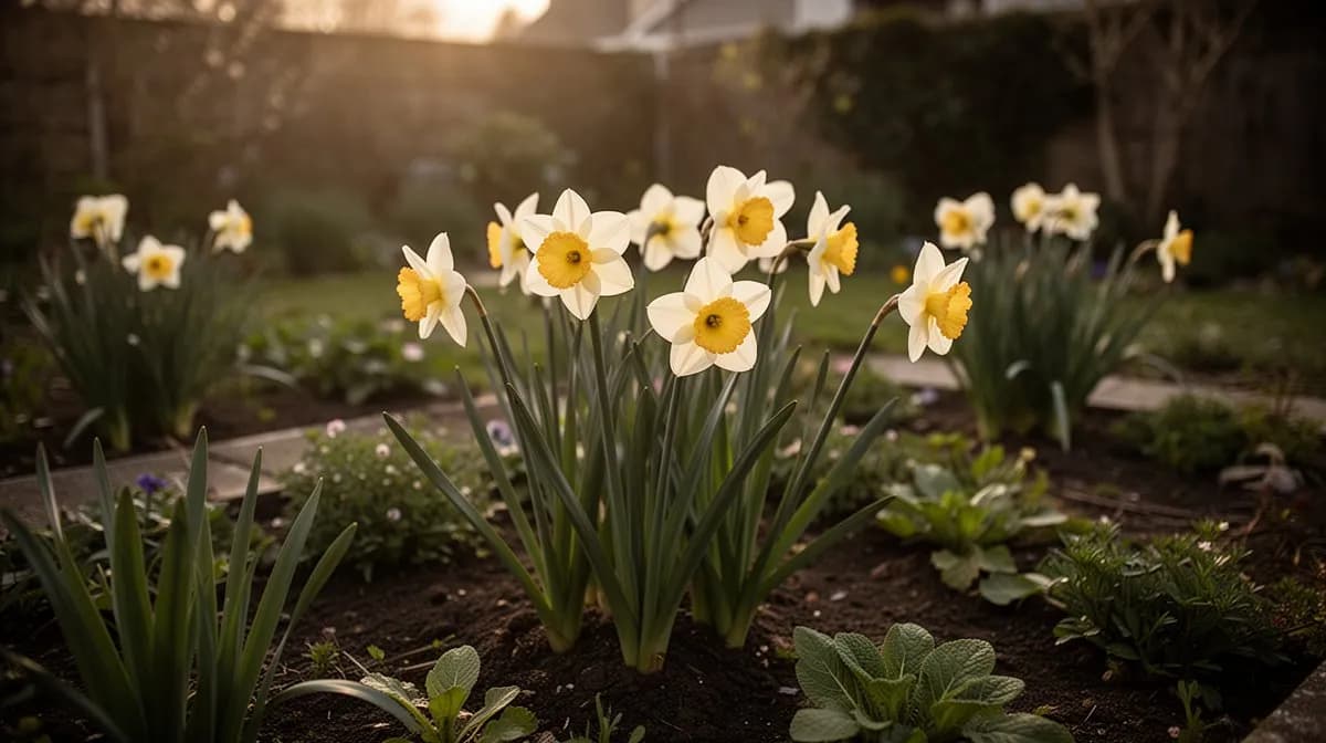 Massenanpflanzung gefüllter Narzissen entlang einer Gartenrabatte im Frühling