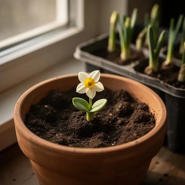Brotes de narciso doble atravesando el suelo al comienzo de la primavera