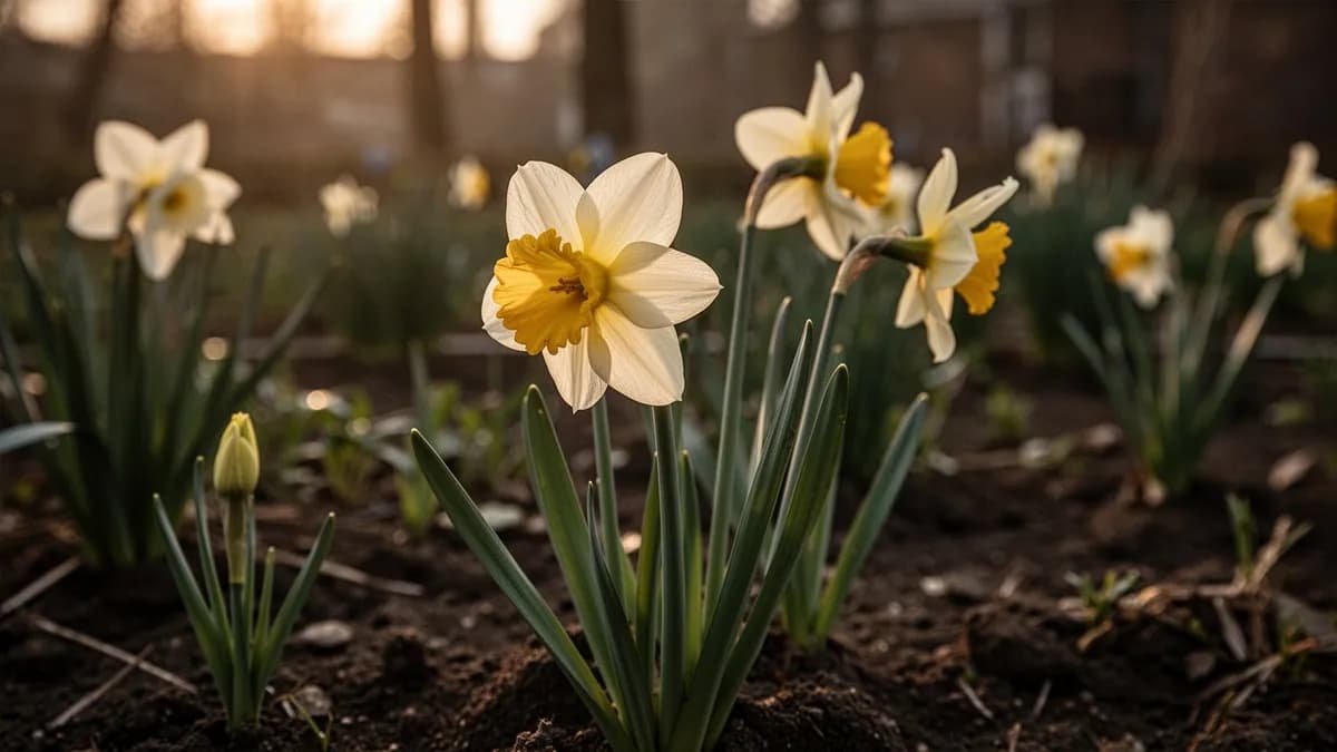 Brotan tallos verdes de narcisos en miniatura a través de la tierra a finales del invierno