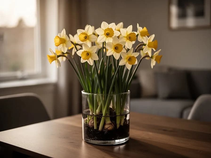 Centro de mesa primaveral con narcisos en miniatura