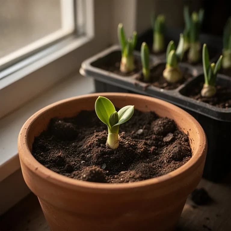 Grüne Triebe von Miniatur-Narzissen brechen durch den Boden im späten Winter