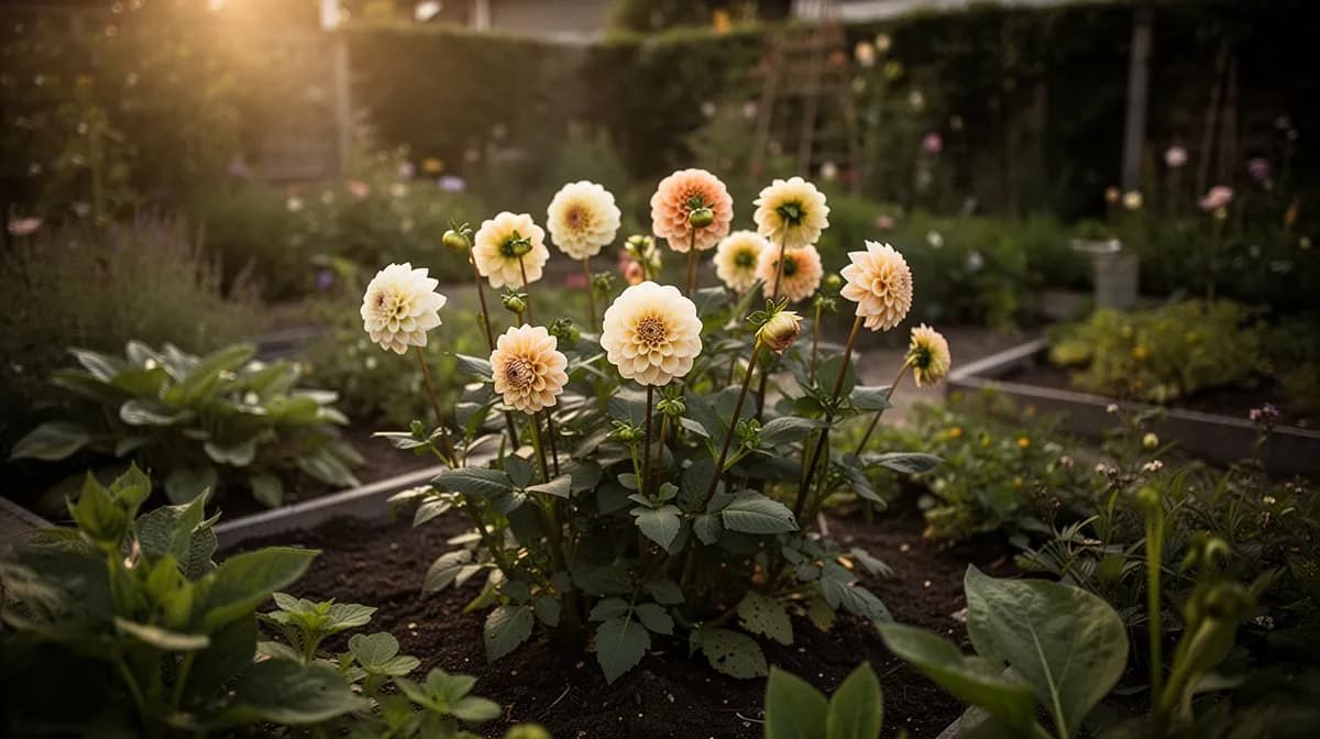 Dahlia tubers being planted in prepared garden soil with visible eye growth