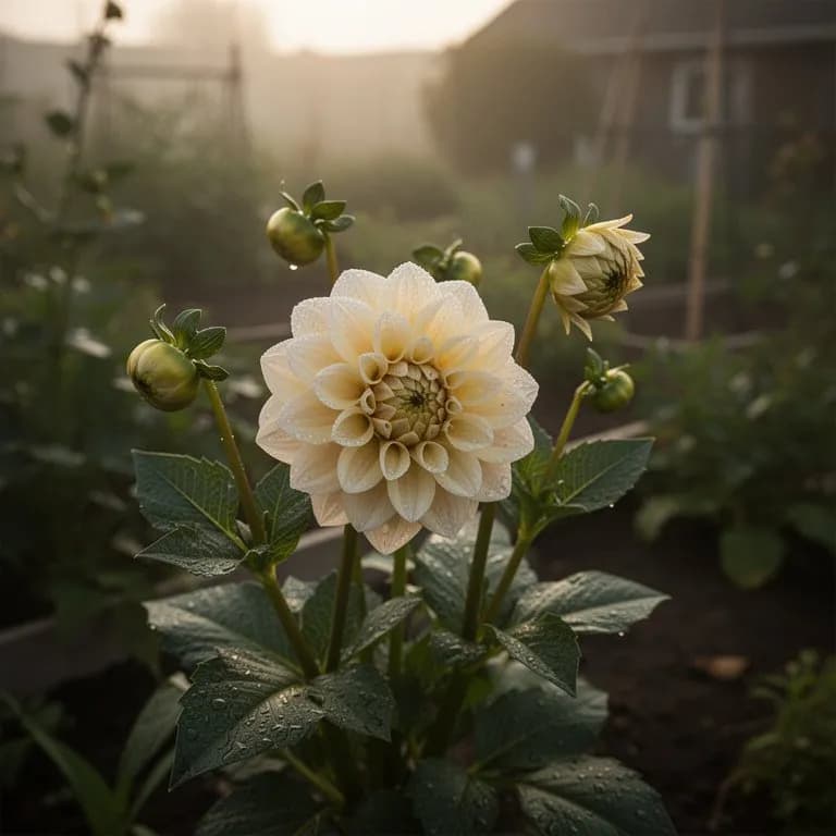 Flor de dalia bola roja completamente abierta con su forma perfectamente redondeada