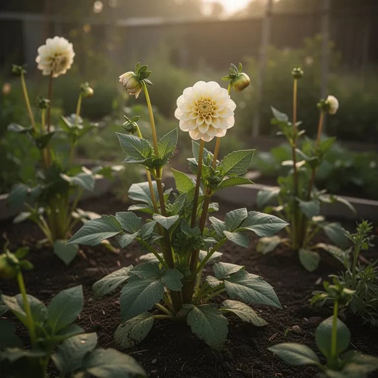 Planta joven de dalia bola con follaje verde y sano
