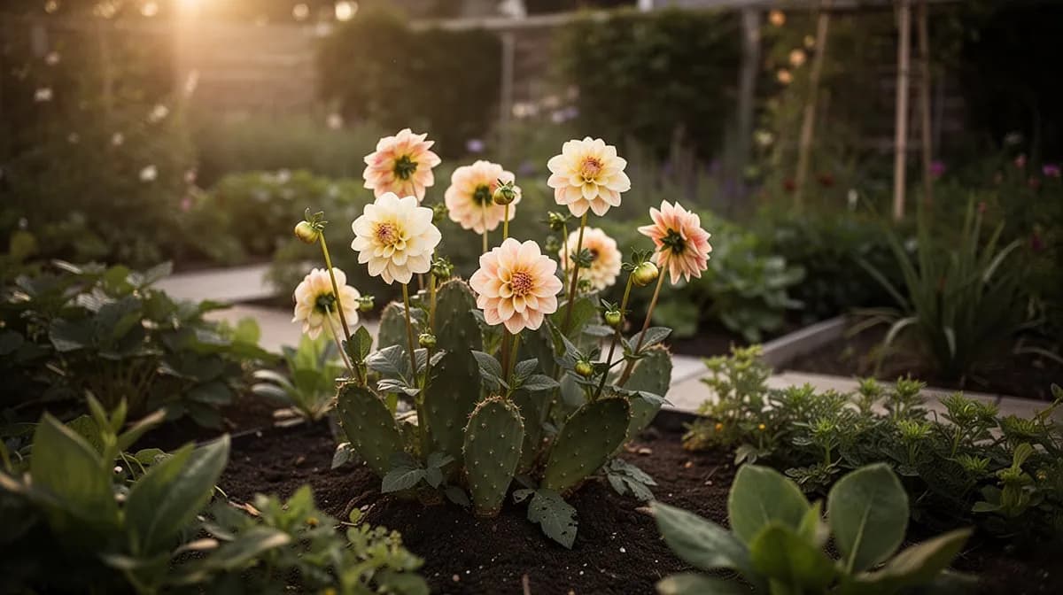Kaktusdahlien wachsen in einem Gartenbeet neben Begleitpflanzen