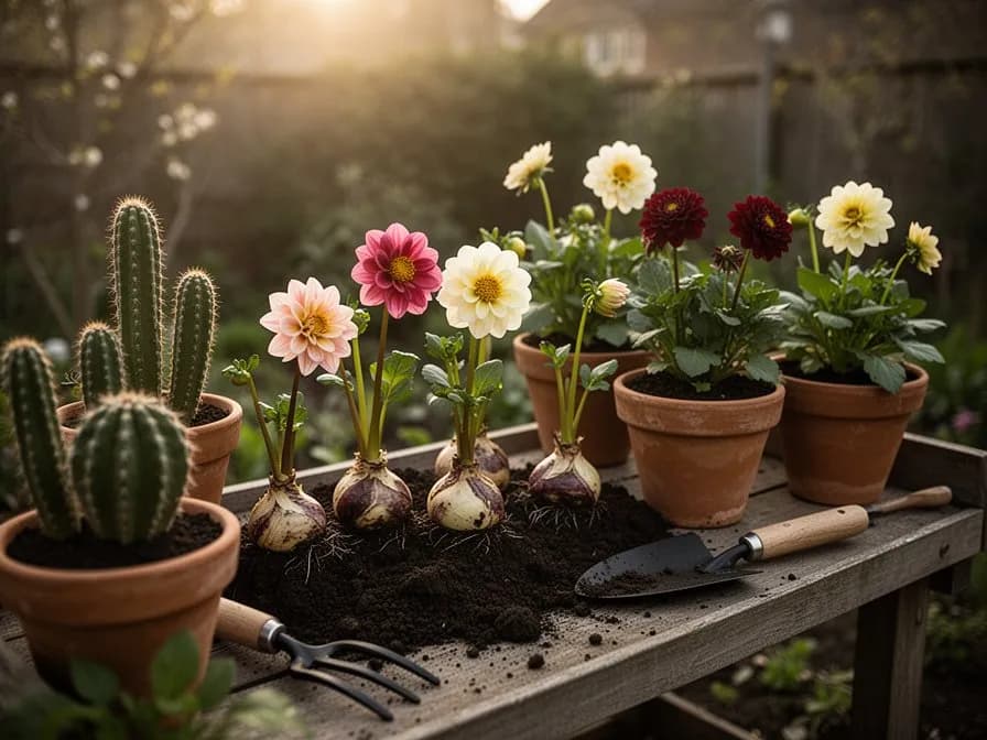 Geschnittene Kaktusdahlienblüten in einer Vase mit ergänzenden Blumen arrangiert