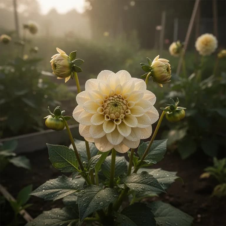 Bumblebee visiting a pompon dahlia flower in a garden bed