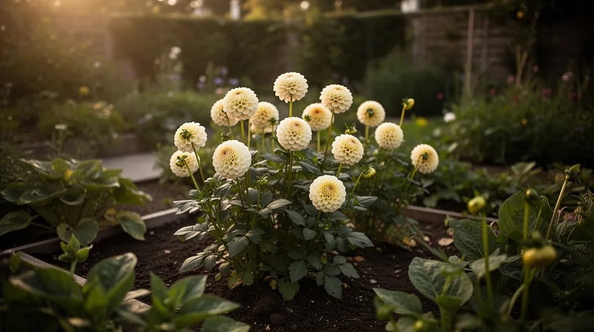 Dahlia tuber being planted in prepared garden soil