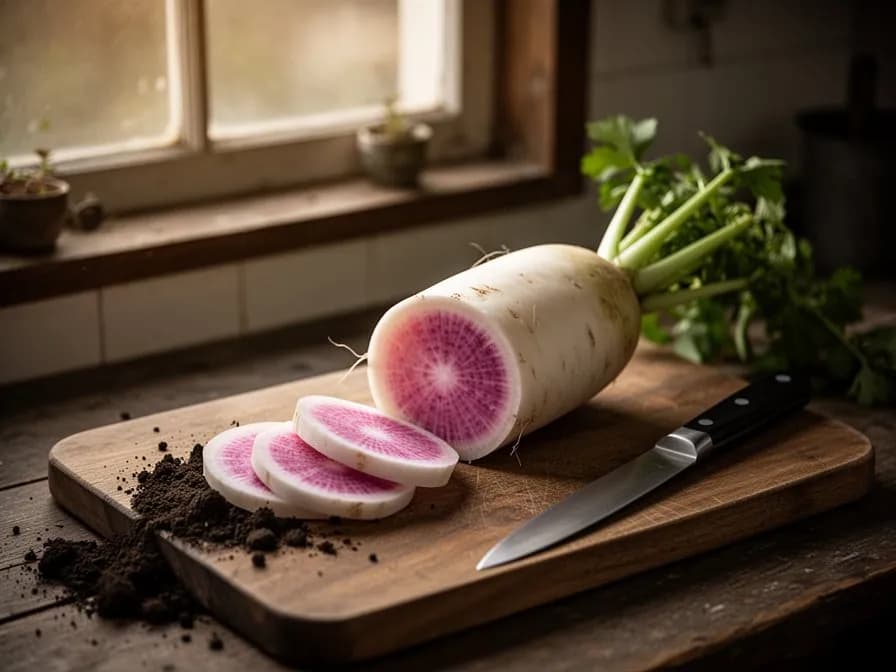 Cross-section of sliced daikon radish revealing pure white translucent flesh on a wooden cutting board