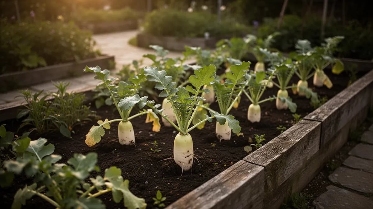 Rows of Japanese daikon growing in a well-tended autumn garden with leafy green tops