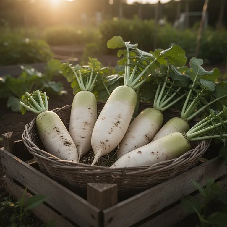 Freshly pulled Japanese daikon radish held beside the garden bed showing its long white cylindrical root
