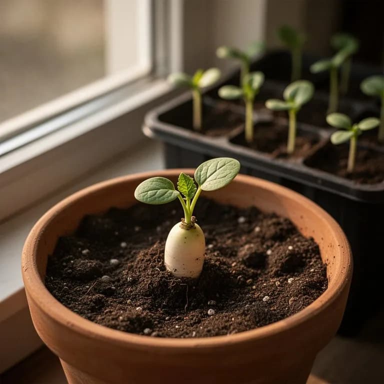 Young daikon seedling with heart-shaped cotyledon leaves and first true leaf emerging