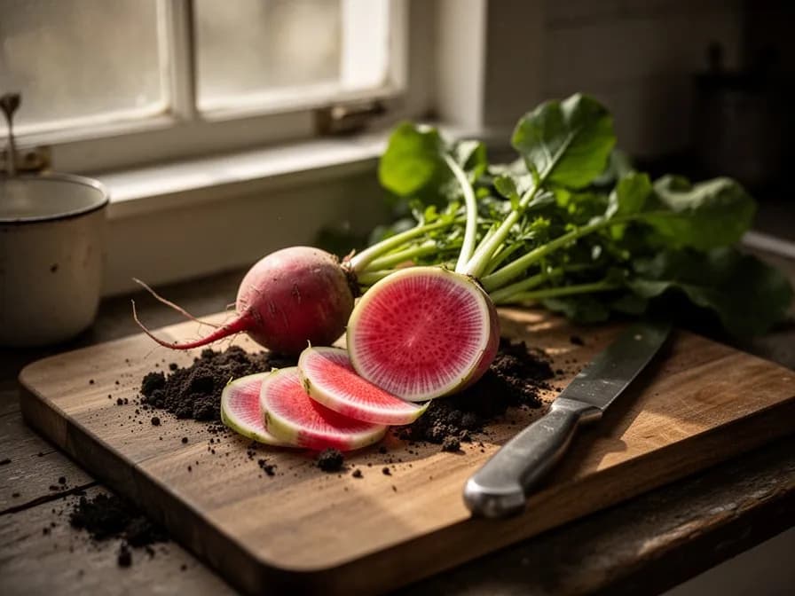 Stunning cross-section of a watermelon radish revealing vibrant magenta-pink interior with white ring