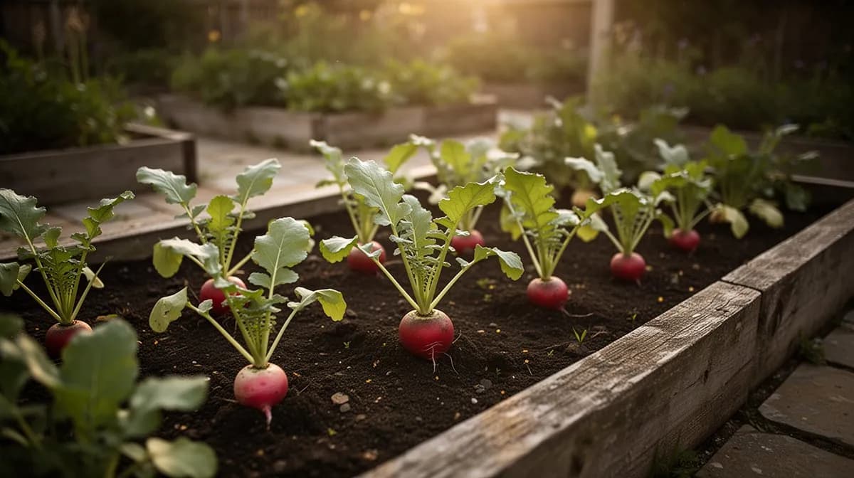 Rows of watermelon radishes growing in a raised bed with large leafy tops