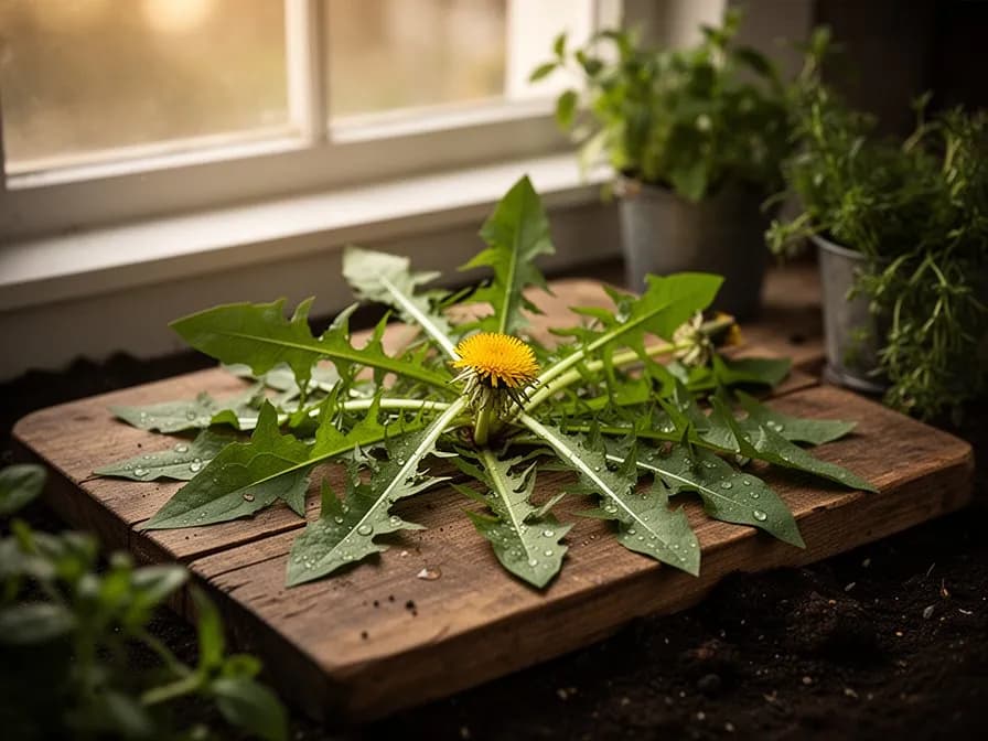 Dandelion greens being blanched under an overturned pot in the garden