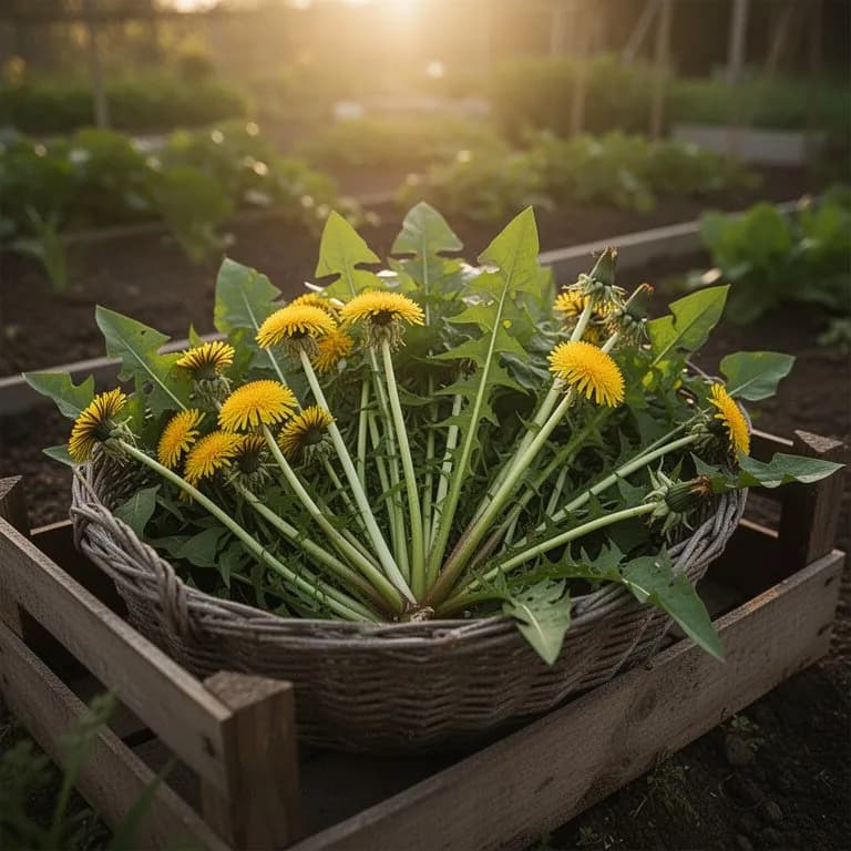 Freshly harvested dandelion greens bundled on a wooden cutting board