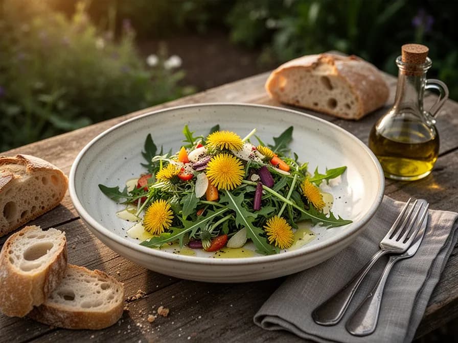 French Dandelion Salad with Warm Bacon Vinaigrette