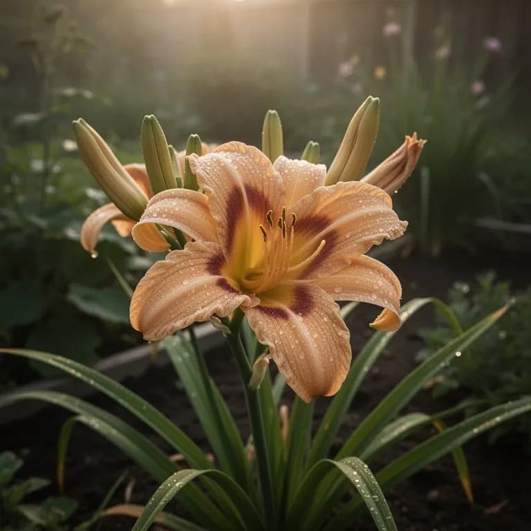 Massenpflanzung von Taglilien in einer Gartenrabatte