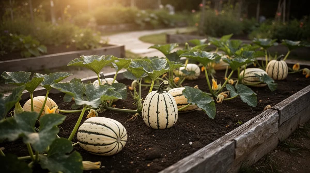 Delicata squash vines growing in a garden bed with multiple fruits ripening