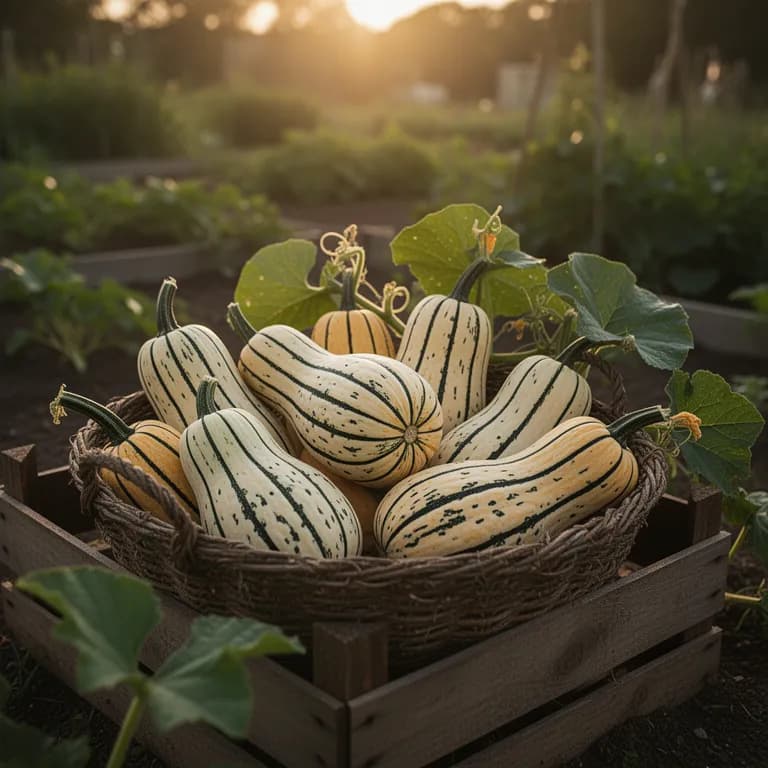 Ripe delicata squash with cream skin and orange-green stripes on the vine