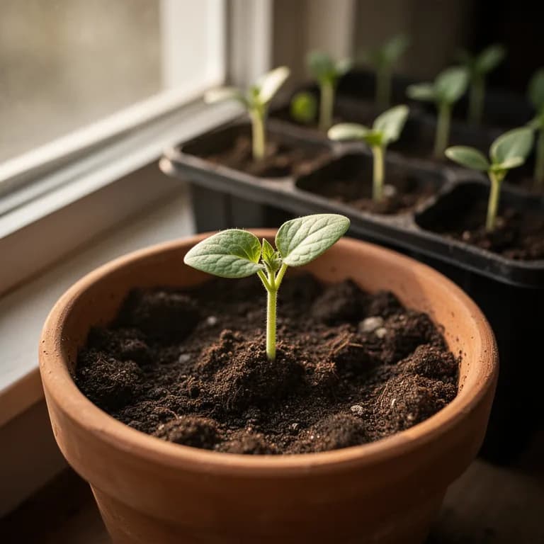 Young delicata squash seedling with broad cotyledon leaves emerging from warm soil