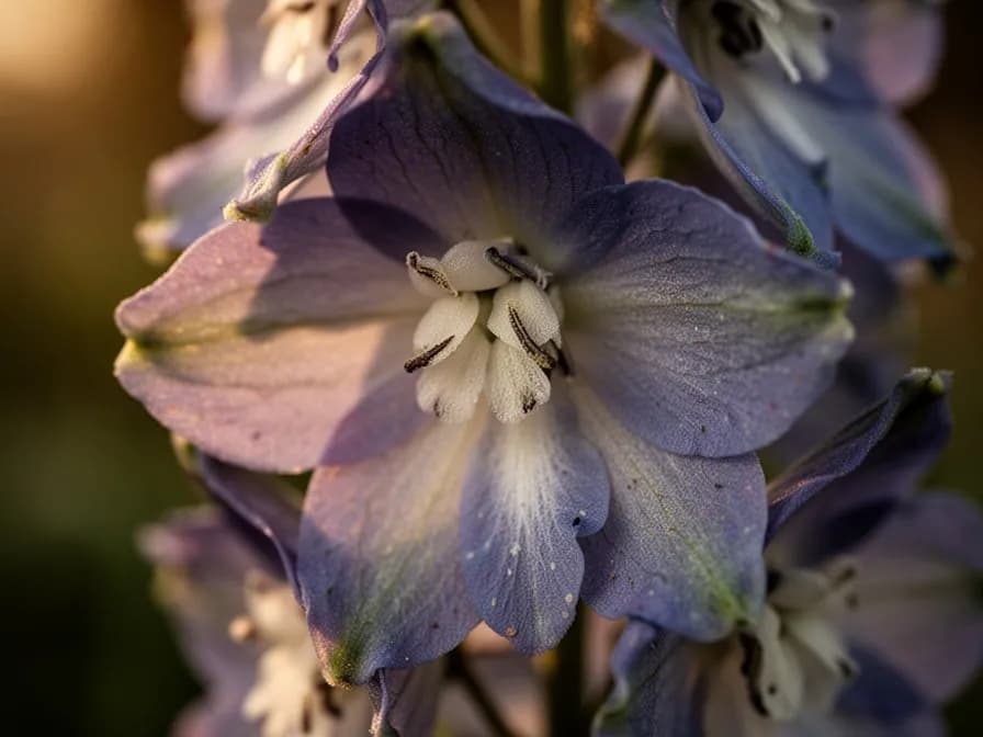 Ritterspornähren, gestützt mit Bambusstäben und Gartenschnur