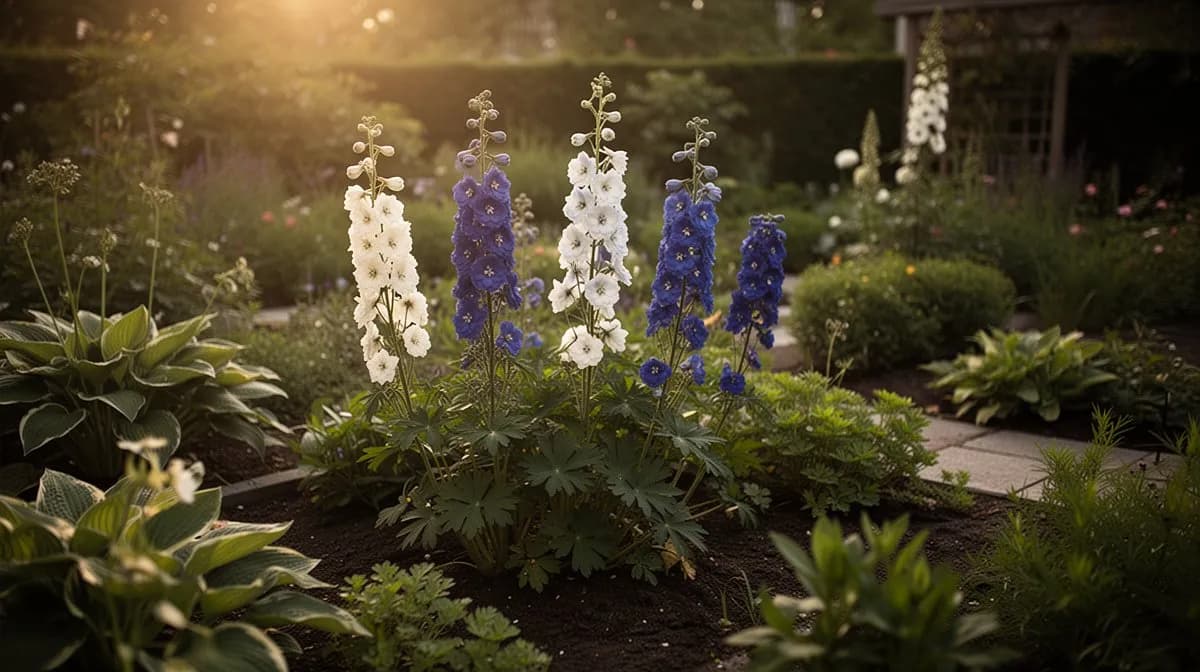 Rittersporn plantado junto a rosas y peonías