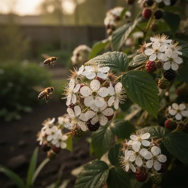 Zarte weiße fünfblättrige Taubeerblüten in voller Blüte
