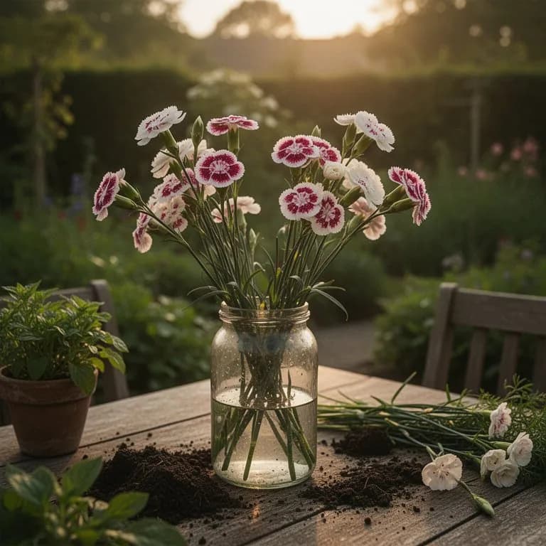 Frisch geschnittene Nelkenstiele für einen Blumenstrauß arrangiert