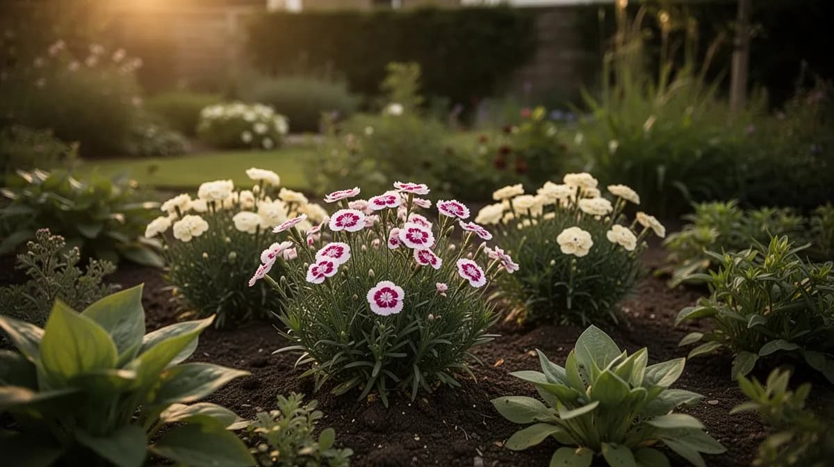 Dianthus anual creciendo en un recipiente decorativo de terracota en un patio
