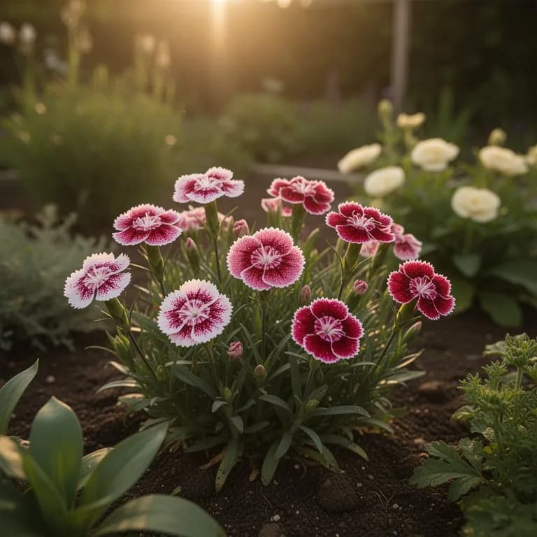 Una bordura con dianthus anual de colores mixtos en rojos, rosas y blancos